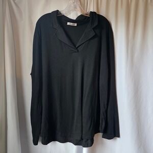 Fashion Black Long Sleeve V-Neck Notched Collar Top 2XL